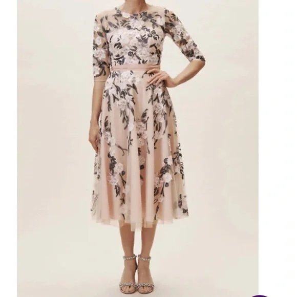 🆕BHLDN Linden Pink/Blue Floral Embroidered Tulle Illusion Neck MOB Dress SZ 12 - Picture 1 of 14